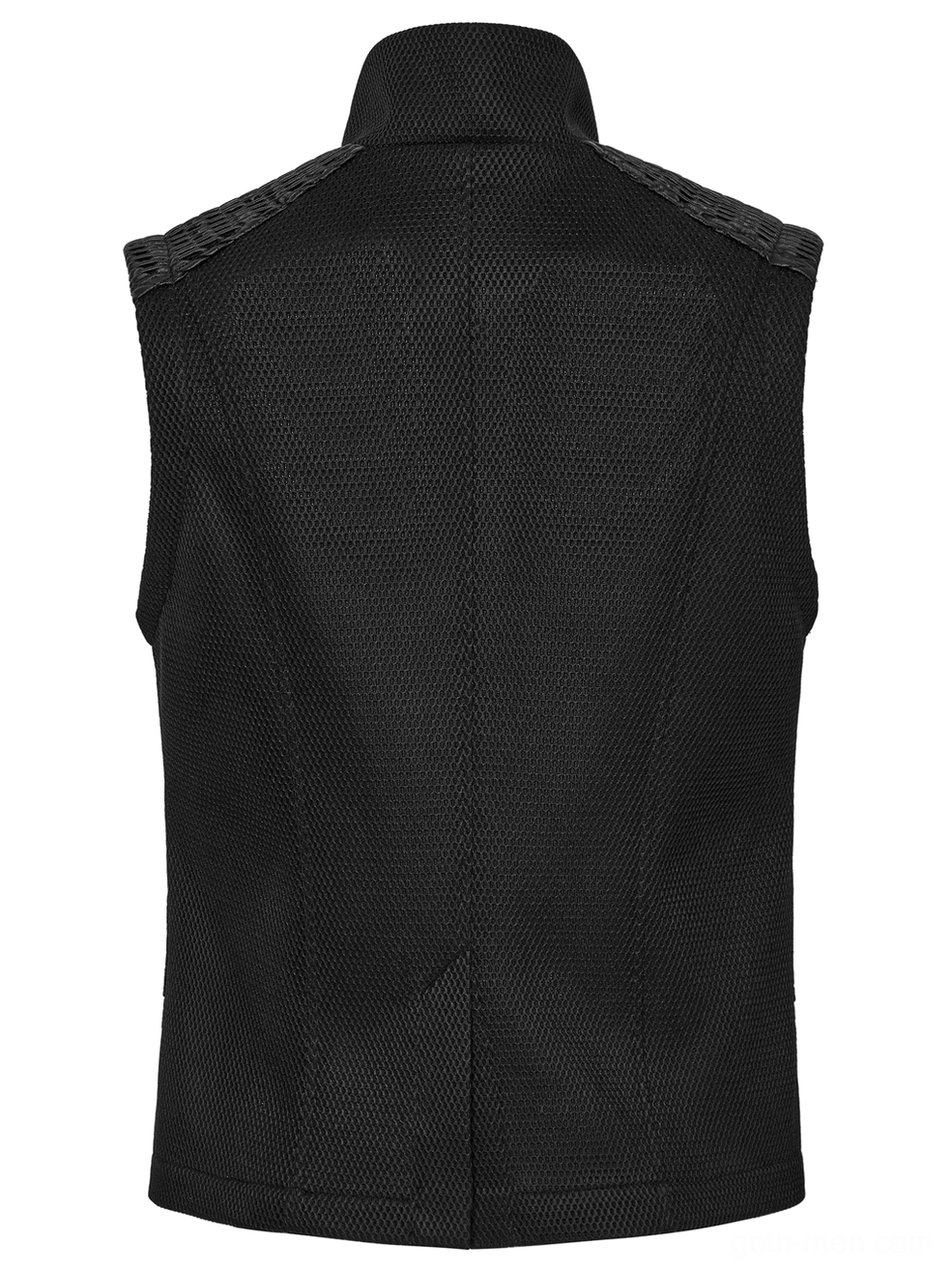 Rear flat lay of black tactical mesh vest, smooth solid back panel, structured shoulder details, industrial gothic construction