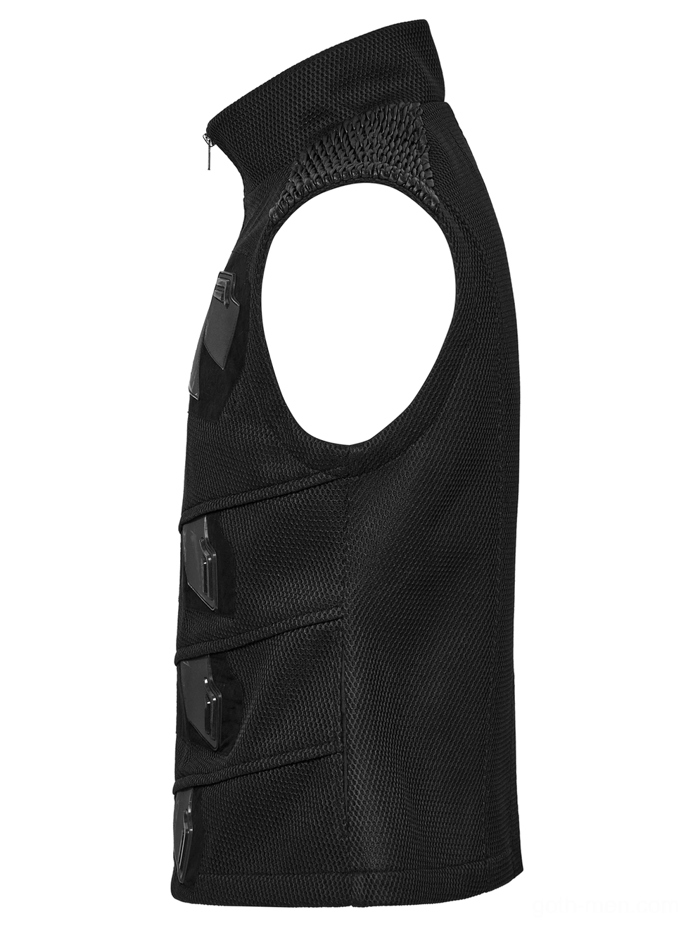 Side flat lay of sleeveless gothic tactical vest, black color, armhole cutout design, layered side mesh panels, textile material detail