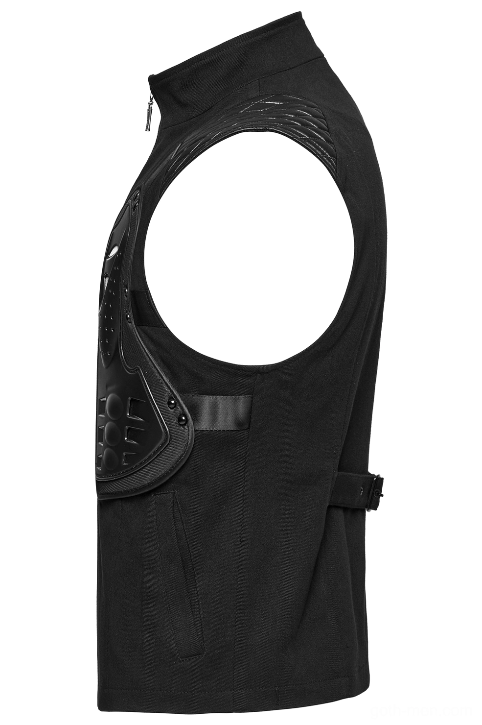 Side profile view of sleeveless black tactical armor vest with side adjuster