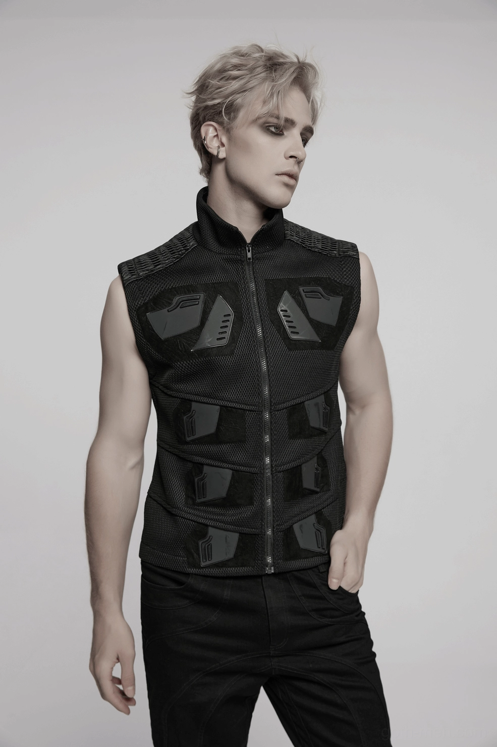 Styling inspiration for black gothic tactical mesh vest, cyberpunk alternative fashion, industrial goth subculture aesthetic, contemporary dark fashion