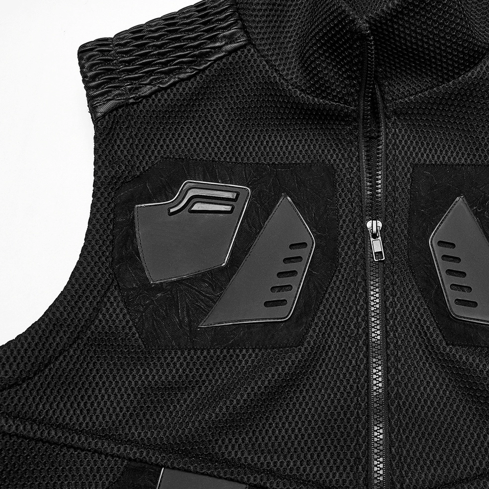 Close-up of black metal zipper and 3D rubber tactical patches on gothic mesh vest, futuristic armor detailing, polyester mesh base