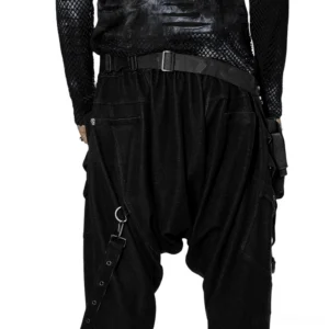 Black gothic punk waist bag back view worn with alternative fashion cargo pants and goth outfit