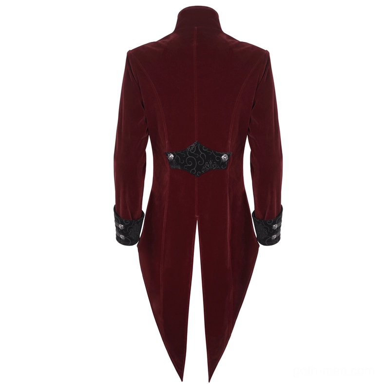 Wine red gothic tail coat back flat lay view with decorative waist patch and velvet split tail hem