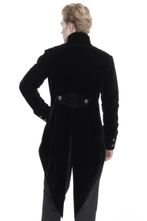 Black gothic tail coat back view showing asymmetric split hem and waist embroidery detail