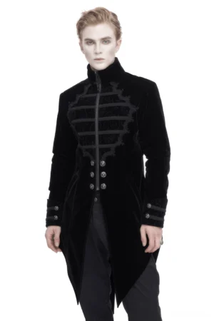 Black gothic stand collar tail coat front view with embroidered lace detailing and zipper closure