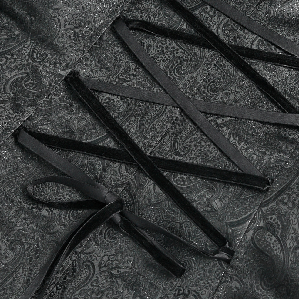 Black gothic tailcoat lace-up back corset detail - close-up of adjustable lace-up closure and back panel construction