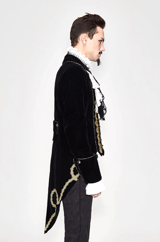 Alternative angle of black velvet Gothic tailcoat showcasing refined tailoring and embellished edges