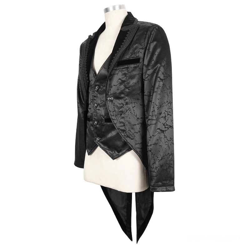 Gothic tailcoat with attached vest in three-quarter front view, highlighting velvet pocket trim and tailored slim silhouette