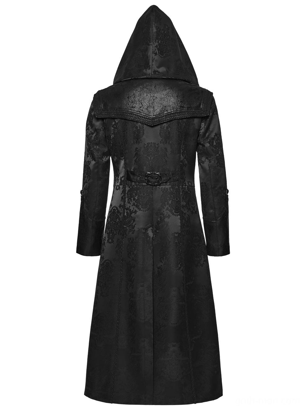 Back flat lay of gothic hooded tailcoat displaying waist buckle strap and structured back yoke panel