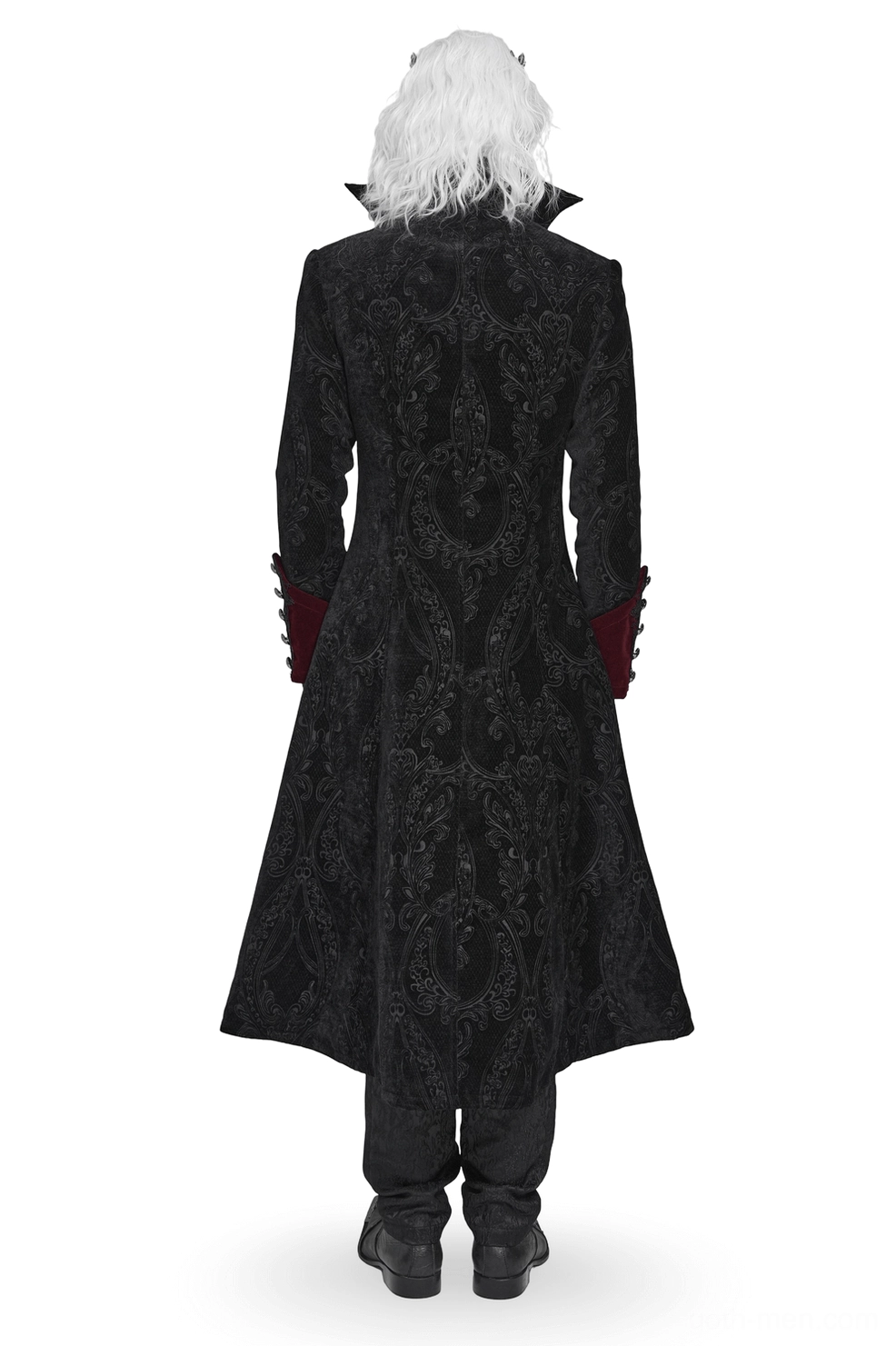 Back full-body display of gothic Victorian tailcoat showing embossed floral brocade, wine red inner lining, high stand collar, and dramatic split hem