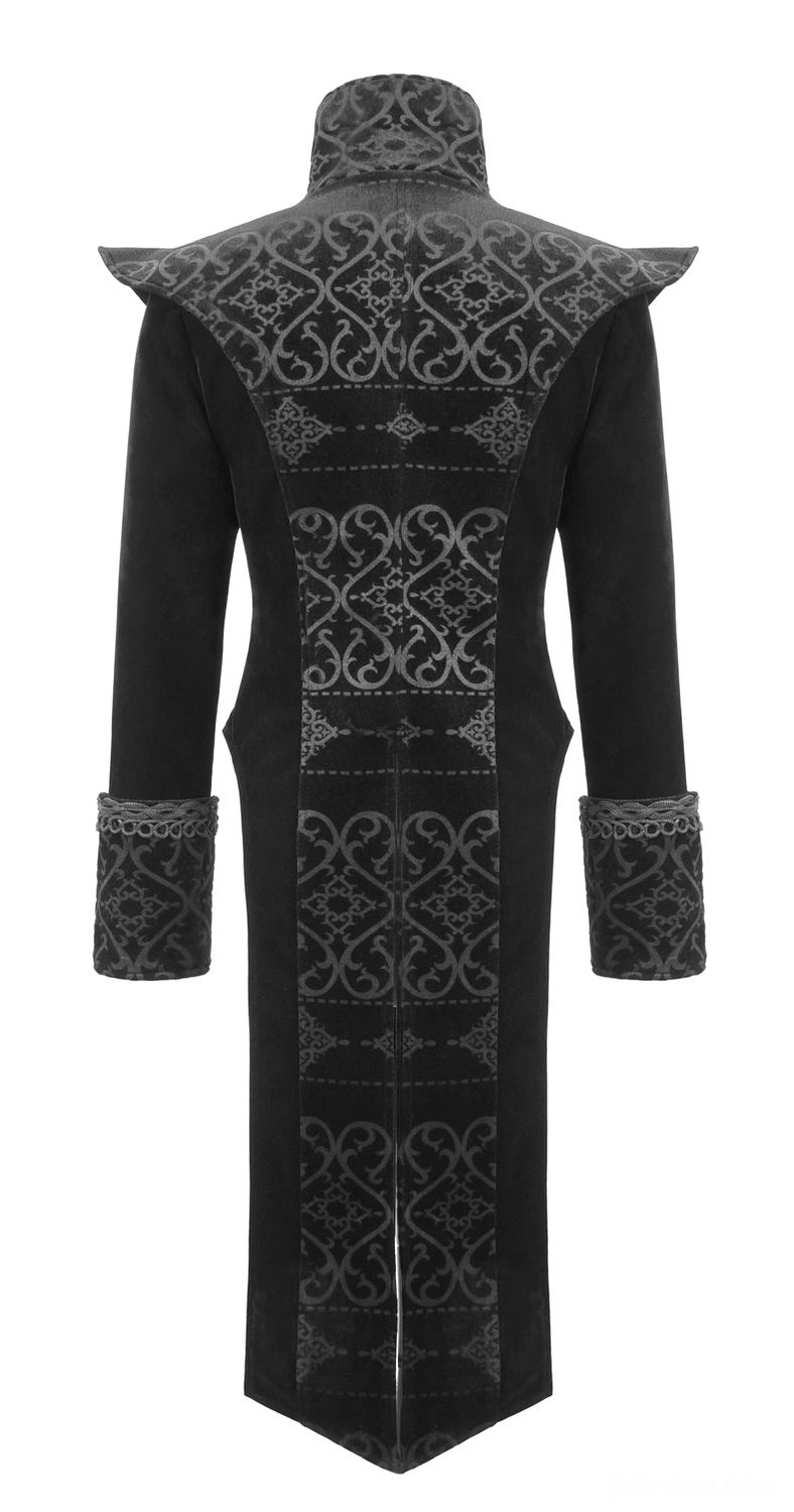 Black gothic tailcoat back flat lay view with full gothic embroidery and fitted embroidered cuffs
