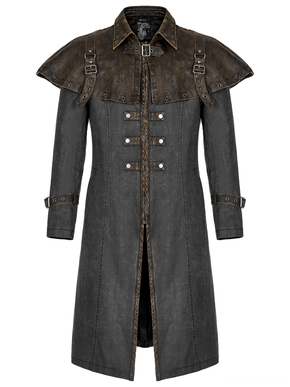 Distressed gothic tailcoat back flat lay view showcasing central rear waist buckle, tailored long coat silhouette, and capelet attachment points