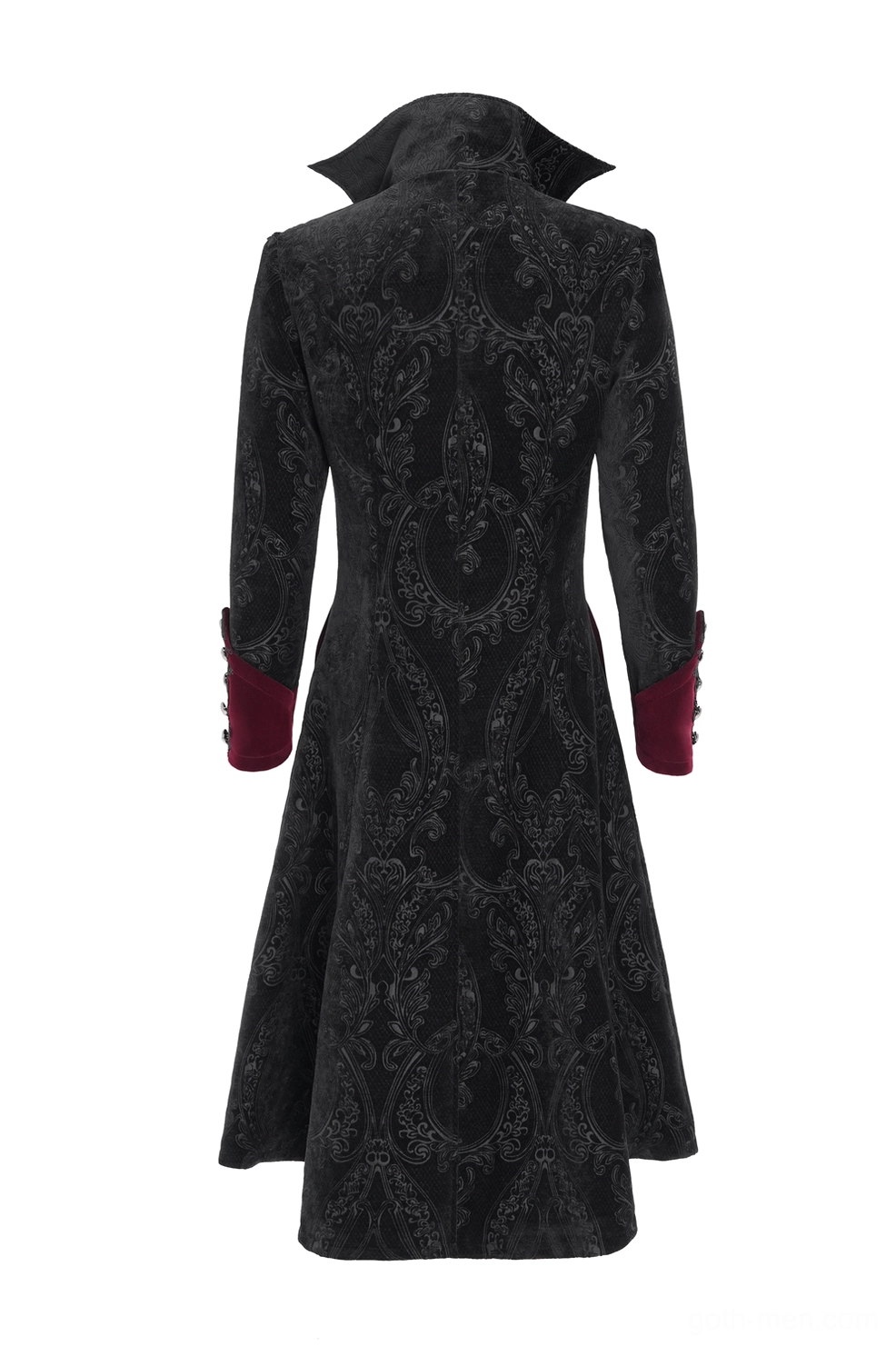 Back flat lay display of gothic tailcoat revealing embossed floral brocade pattern, long train hem, and wine red cuff trim throughout