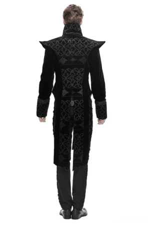 Black gothic tailcoat back view showcasing full embroidery details, split hem, and fitted construction