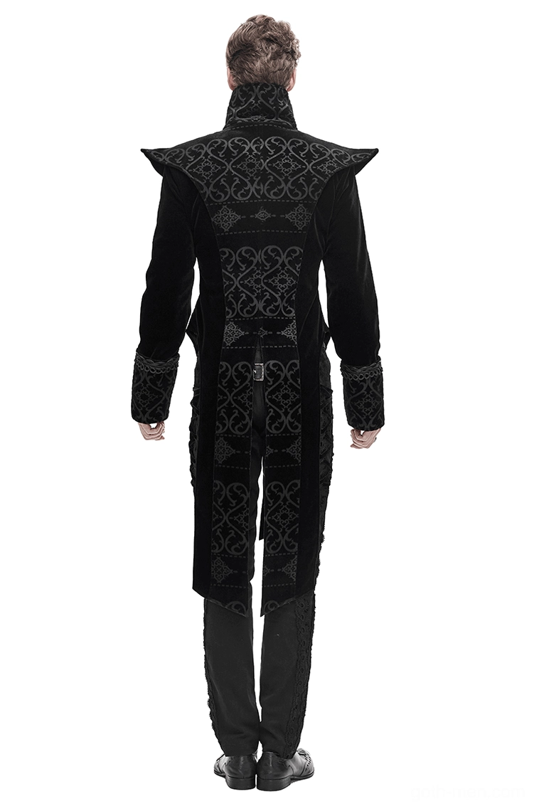 Black gothic tailcoat back view showcasing full embroidery details, split hem, and fitted construction