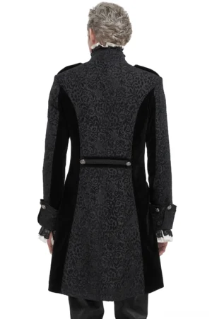 Black gothic tailcoat rear view showing back jacquard pattern and waist strap