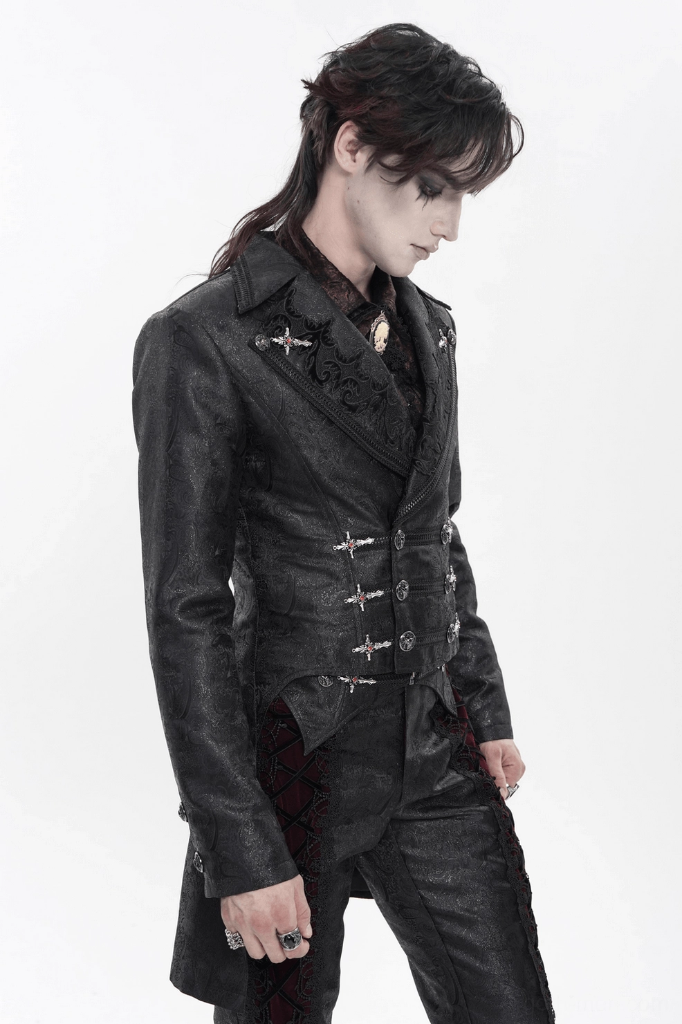 Black gothic tailcoat back side angle - rear 3/4 view showcasing lace-up back detail and extended tailcoat back panels