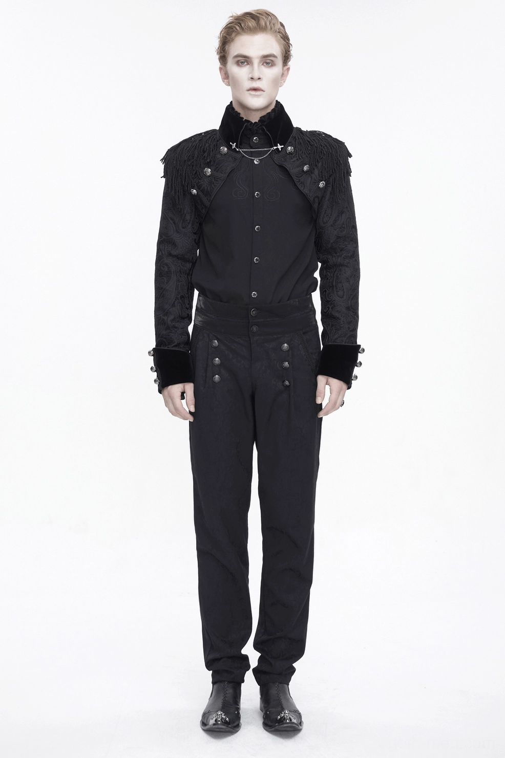 Central back seam slit detail of gothic tailcoat showing dense paisley jacquard woven texture and construction