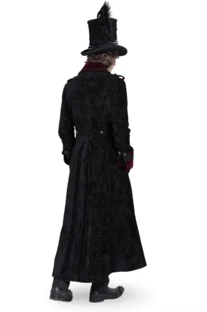 Gothic tailcoat back view showing brocade pattern and wine red lining on model with top hat