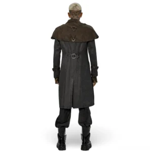 Distressed gothic tailcoat back view highlighting elongated length, rear waist adjustment buckle, and faux leather capelet with D-ring hardware details