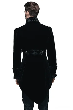 Gothic steampunk tailcoat rear view showing curved tail hem and embroidered waistband detail