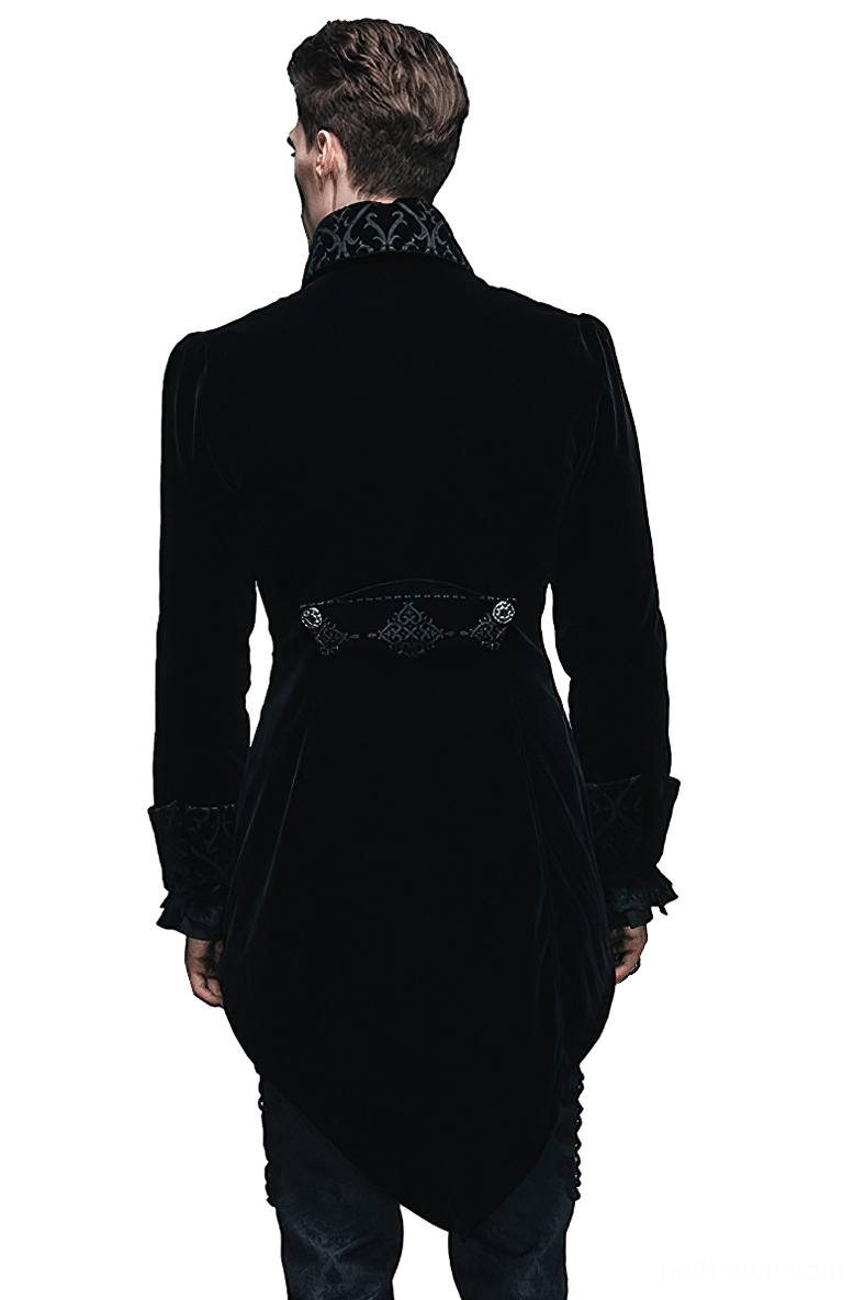 Gothic steampunk tailcoat rear view showing curved tail hem and embroidered waistband detail