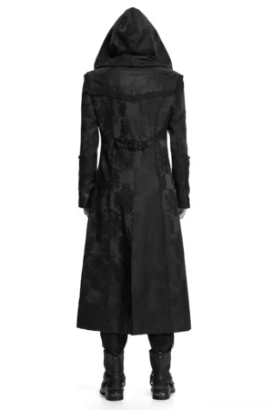 Back view of black hooded gothic embroidered tailcoat showing waist belt buckle and jacquard texture detail