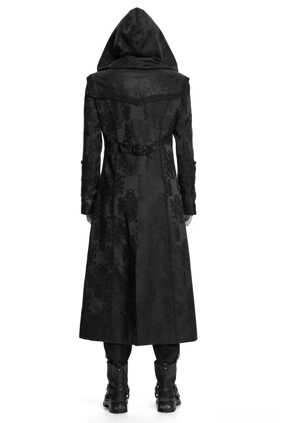 Back view of black hooded gothic embroidered tailcoat showing waist belt buckle and jacquard texture detail