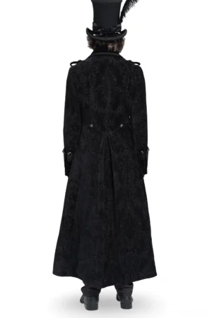 Black velvet gothic tailcoat rear view showing split-tail hem and back detail with top hat