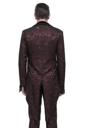 Wine red gothic tailcoat rear view showing split tail hem and black lace cuff accents