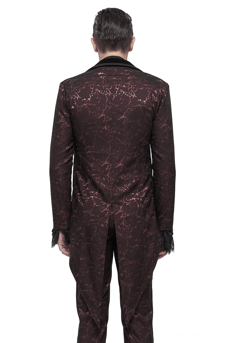 Wine red gothic tailcoat rear view showing split tail hem and black lace cuff accents
