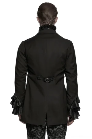 Gothic men's tailcoat from rear view displaying adjustable waist buckle strap, back seam construction, and dramatic ruffled cuffs