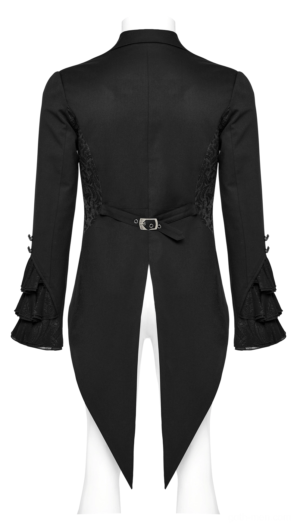 Black Victorian gothic tailcoat rear view on white dress form, showing waist adjustment buckle and ruffled cuff details