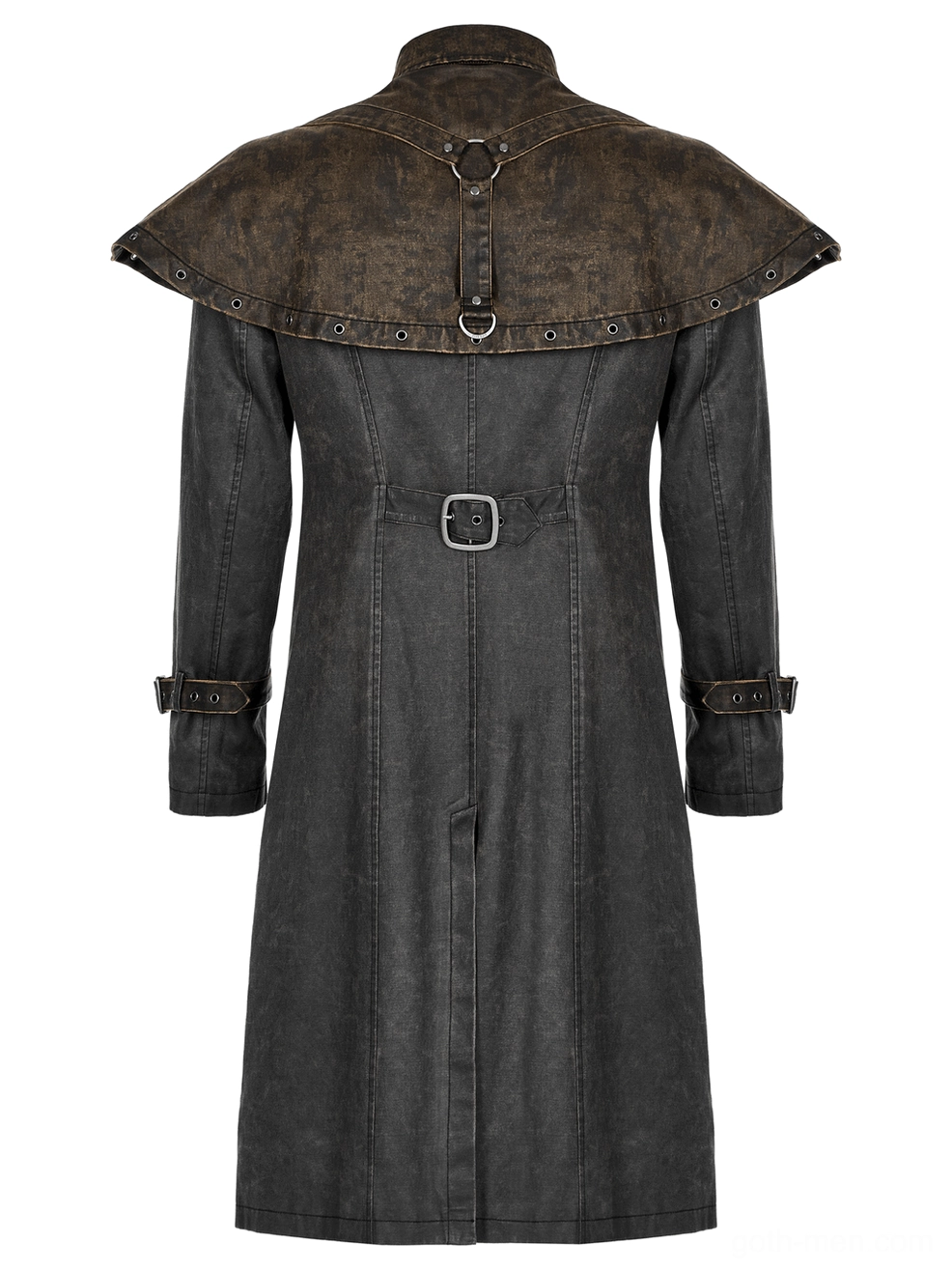 Distressed gothic tailcoat back close-up view of central rear waist buckle, tailored long coat construction, and structural seaming