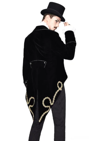 Black velvet Gothic tailcoat rear view highlighting gold embroidery on tail hem and back pocket detailing