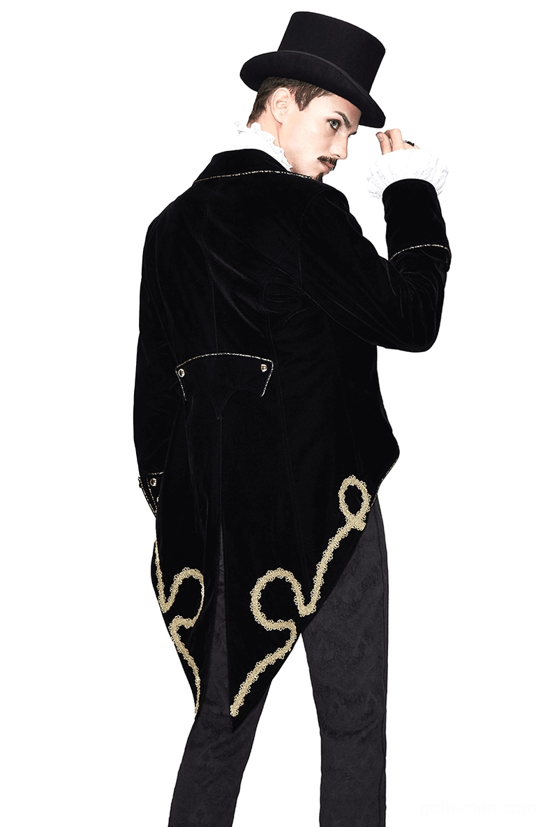 Black velvet Gothic tailcoat rear view highlighting gold embroidery on tail hem and back pocket detailing