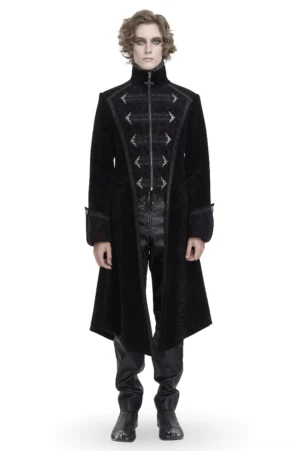 Black velvet gothic tailcoat front view with embroidered military detailing and silver accents on male model