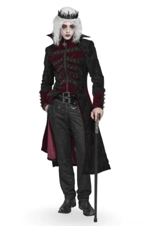 Front full-body view of black Victorian gothic tailcoat with wine red velvet trim, embossed brocade fabric, and skeleton pattern details worn by male model with white wig and crown