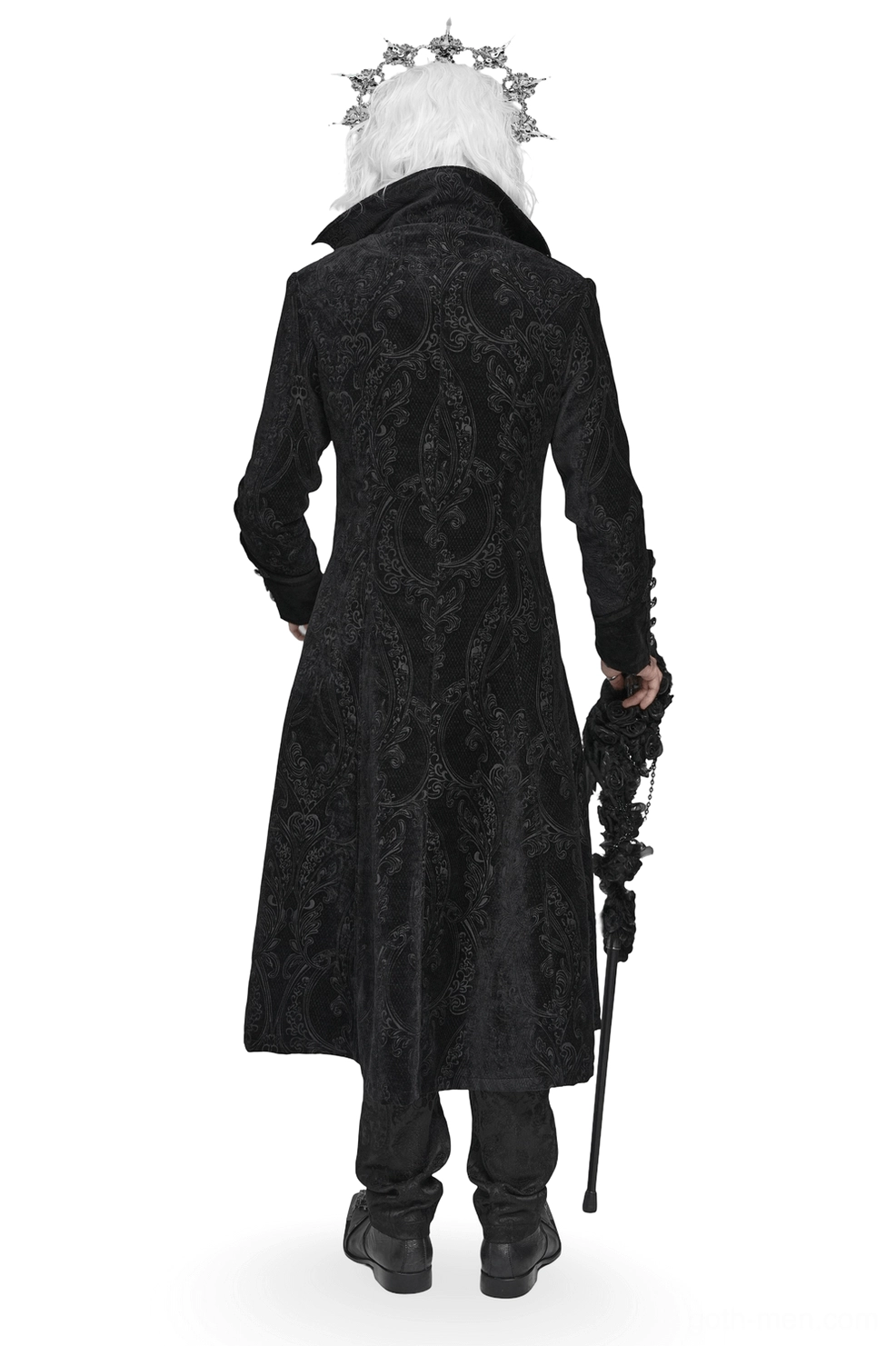 Black damask brocade gothic tailcoat rear view with model wearing crown and holding walking cane, showing full extended hem