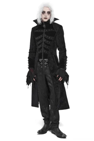 Black brocade Victorian gothic tailcoat front view on model, featuring metal skeleton studs on chest and high stand collar