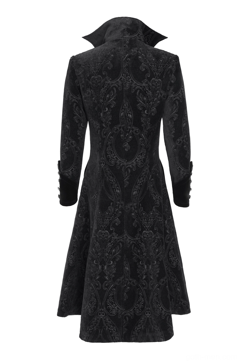 Black damask brocade gothic tailcoat rear mannequin view, showing full pattern coverage, high back collar, and tailored extended hem