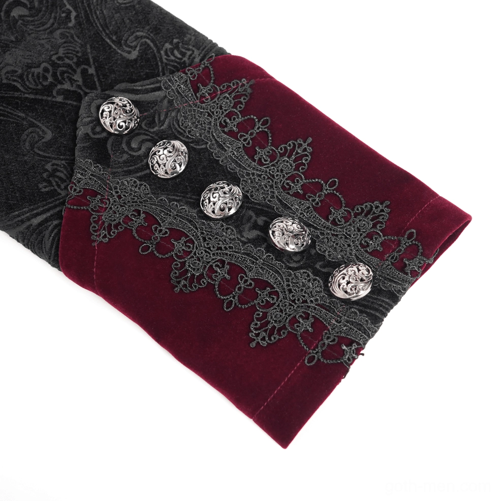 Detailed view of embossed black brocade and wine red velvet combination showcasing the quality fabrication and Victorian gothic design elements