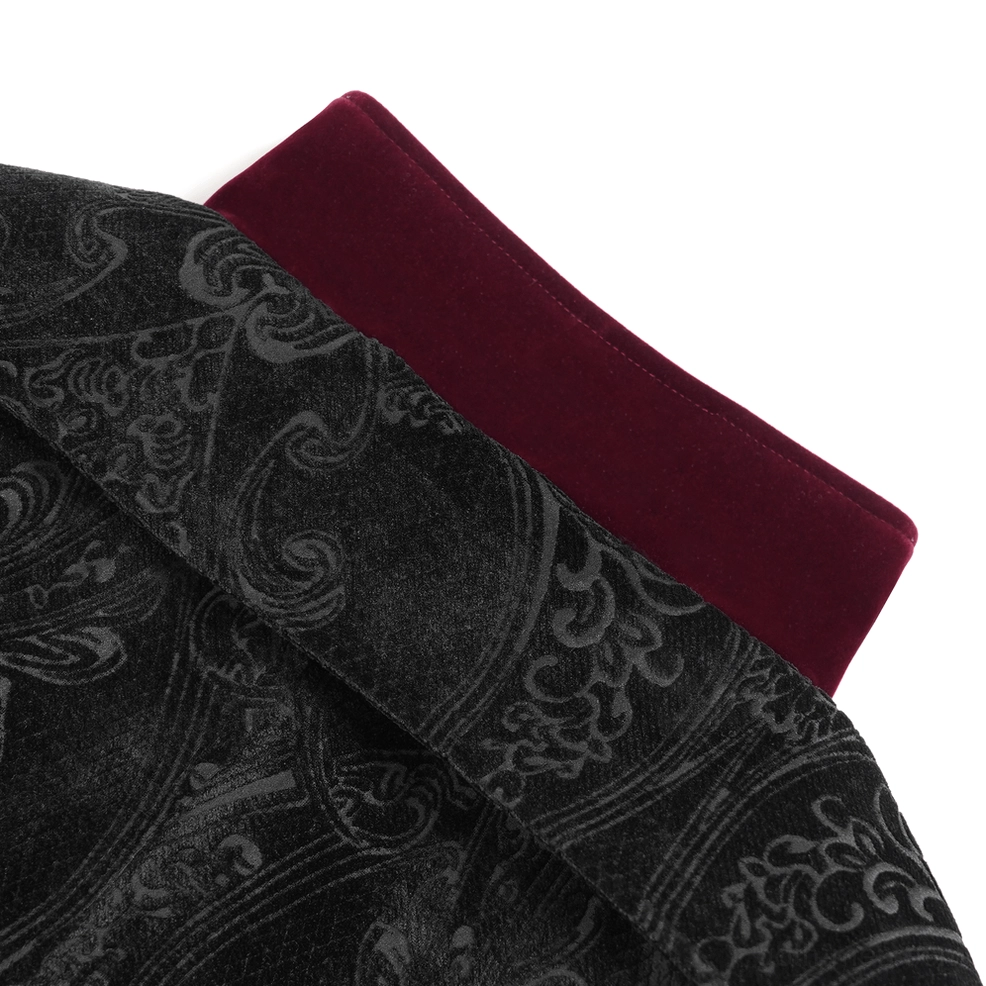 Gothic tailcoat decorative buttons and hardware detail showing cross motifs, studded elements, and metal embellishments throughout the garment