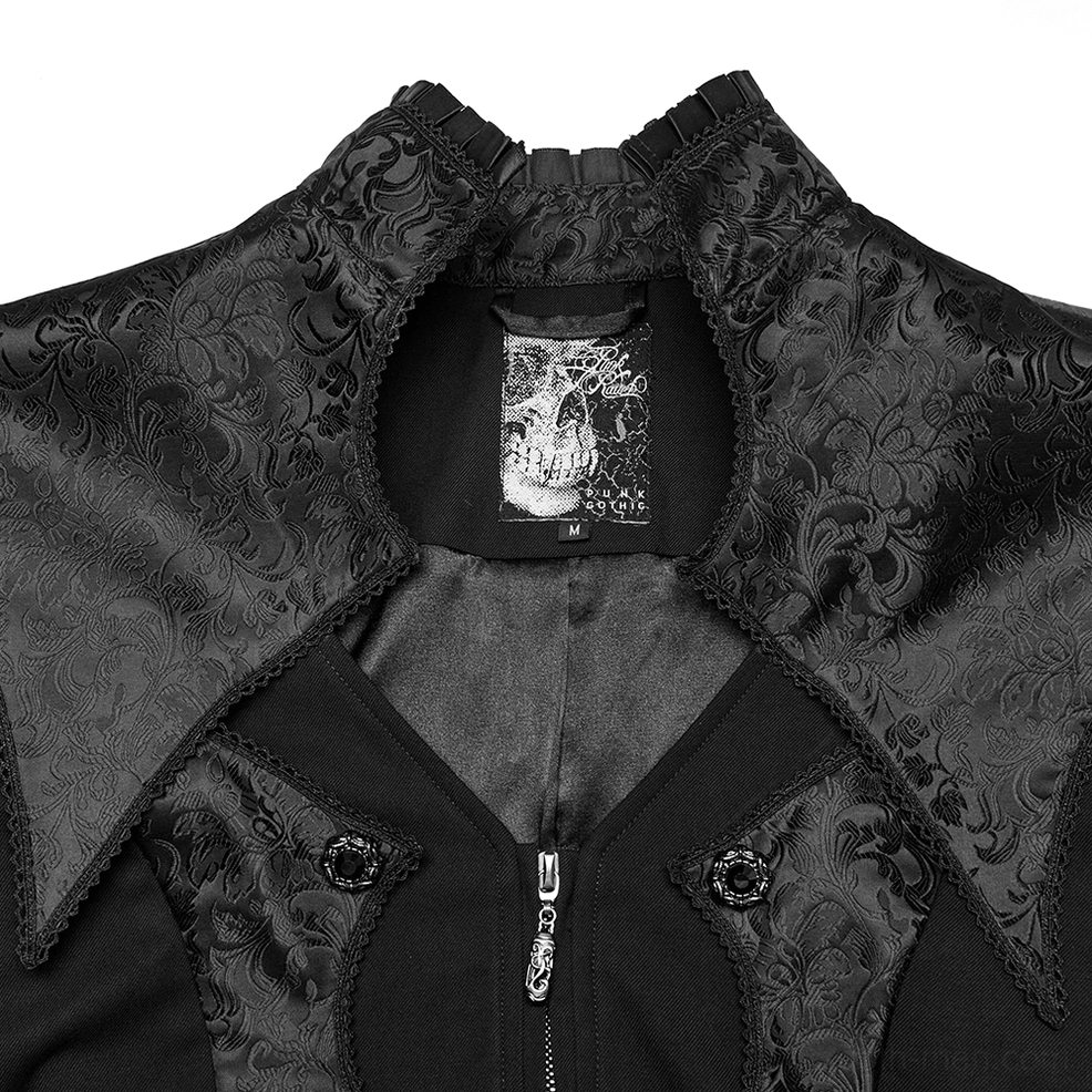 Close-up of gothic tailcoat collar and neckline featuring high stand-up collar and front zip closure