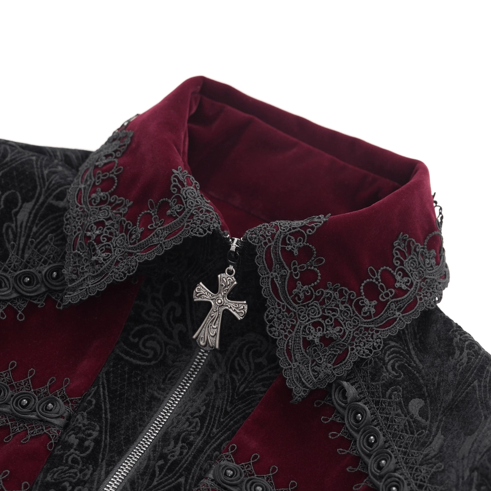 Close-up detail of gothic tailcoat lace trim collar with cross pendant and wine red velvet fabric