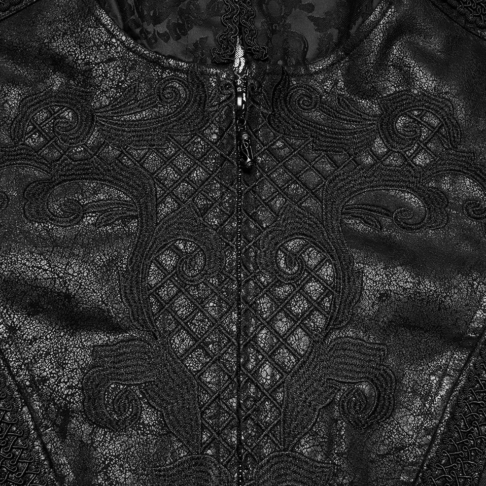 Close-up of gothic tailcoat collar and zipper closure with scroll embroidery detail