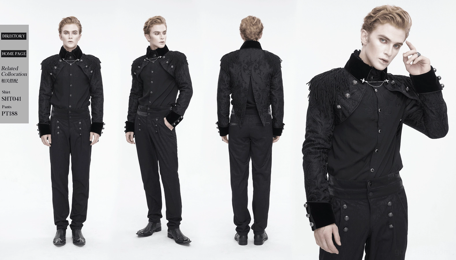 Ornamental collar and shoulder detail of gothic tailcoat showing cross chain clip, tassels, and embellishments