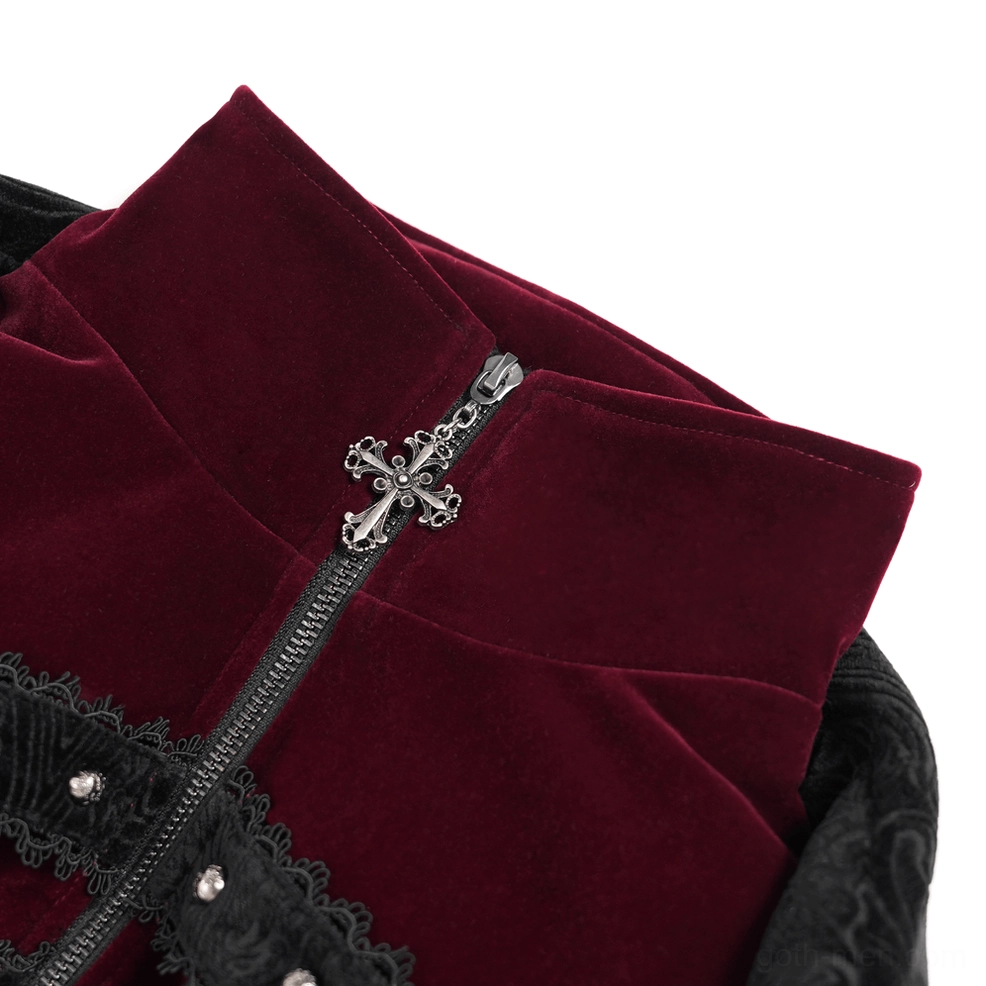 Close-up detail shot of tailcoat collar and zipper showing wine red velvet fabric, cross metal zipper pull, and lace edge trim