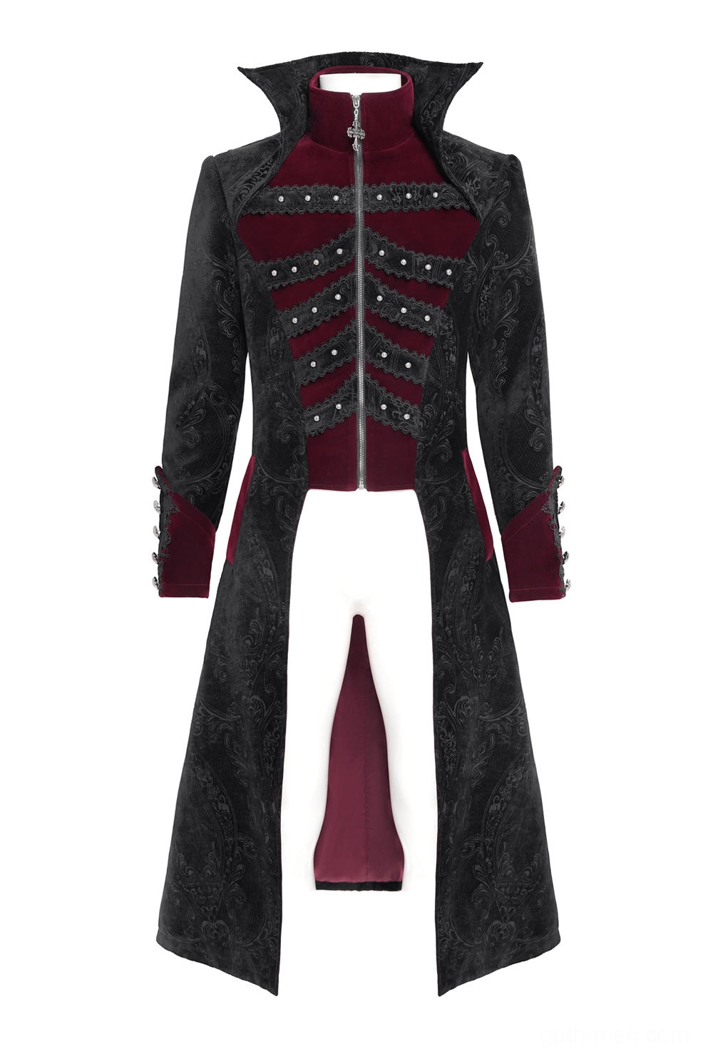 Front flat lay close-up of gothic tailcoat showing stand-up collar, front zipper closure with cross metal pull, and studded skeleton decoration