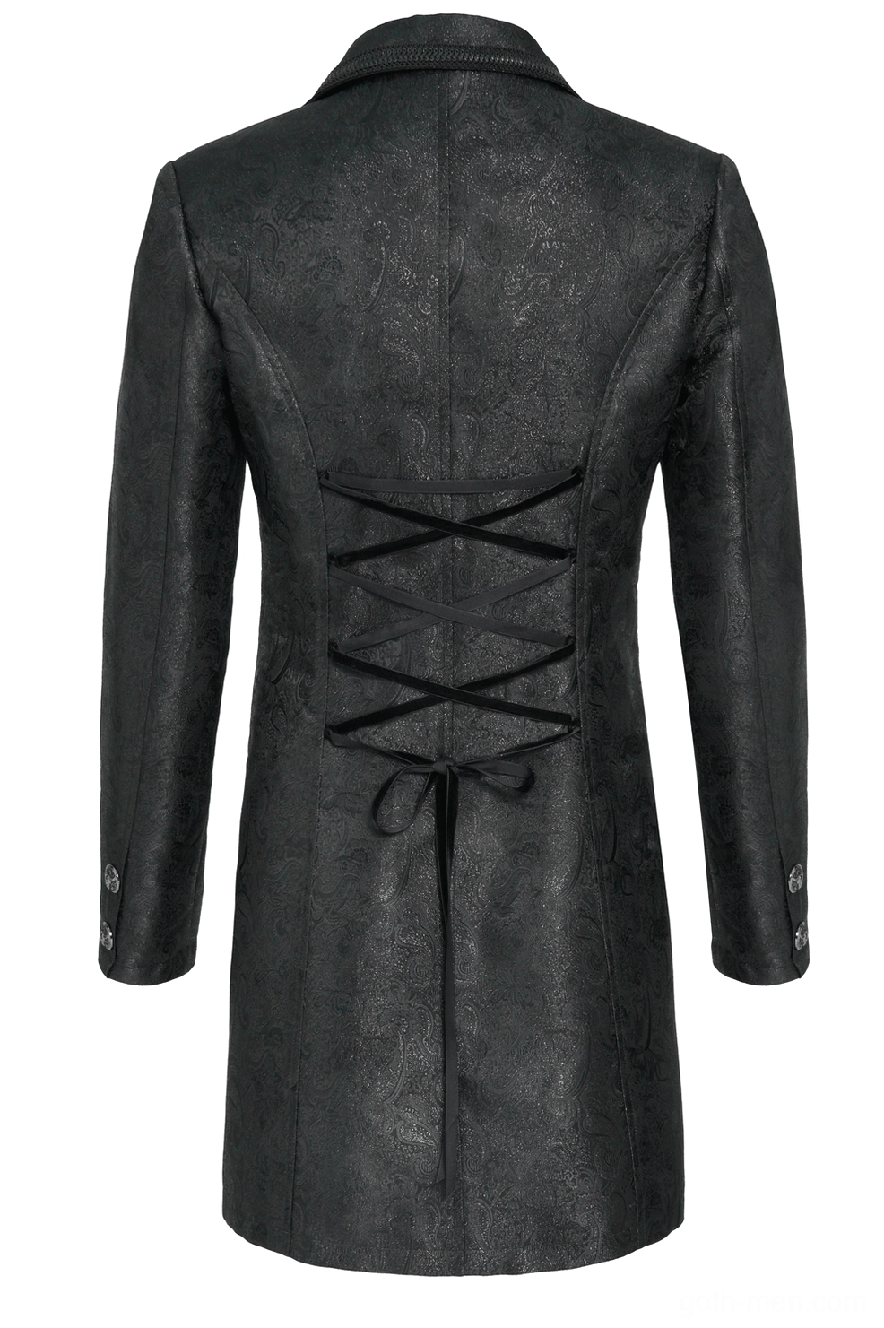 Black gothic tailcoat back detail on mannequin - full rear view showcasing lace-up corset back and extended full-length back hem panels
